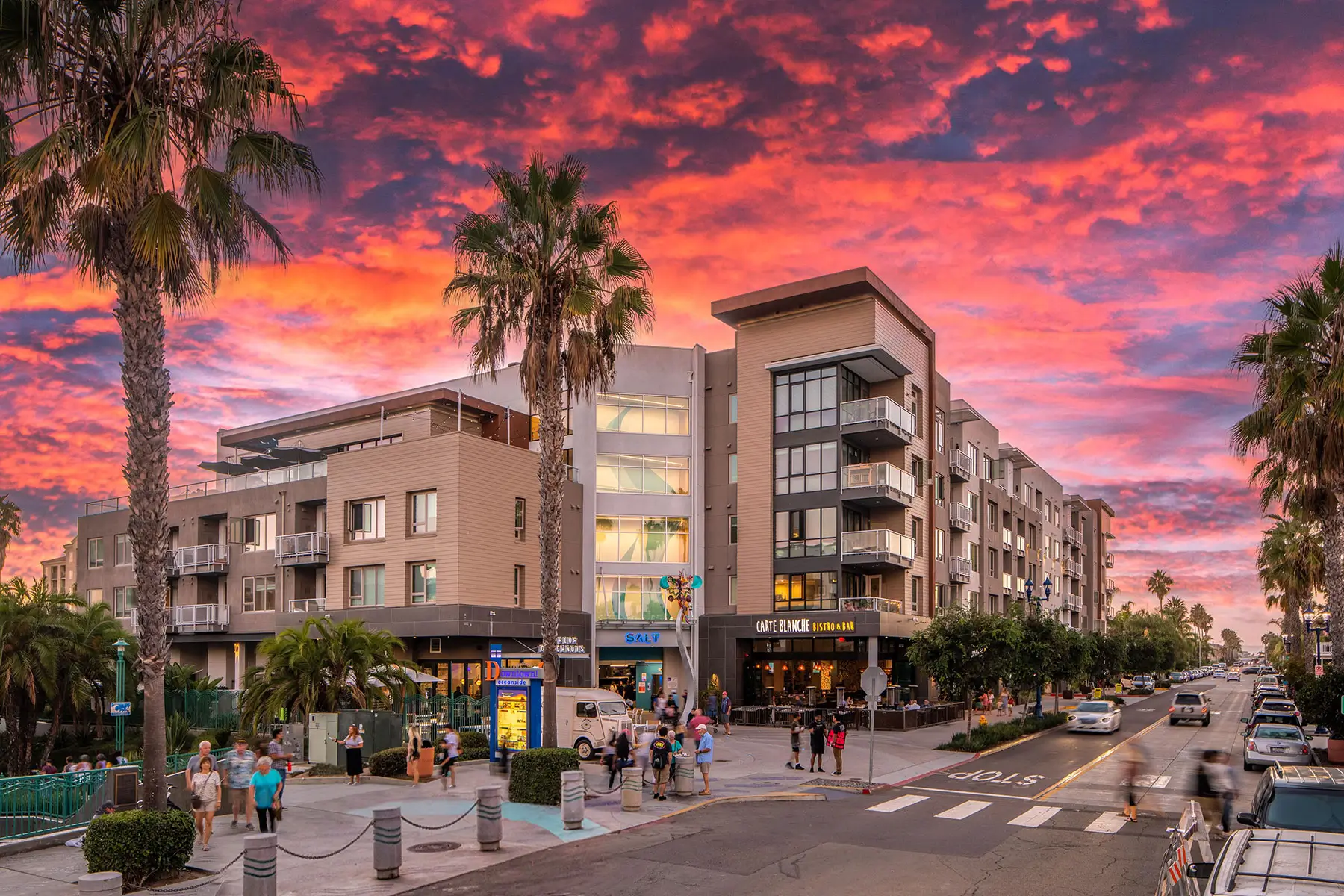 Salt Oceanside Exterior with the evening sunset behind it